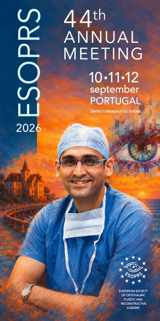 Dr. Adit Gupta featured alongside the official 44th Annual ESOPRS Meeting poster.